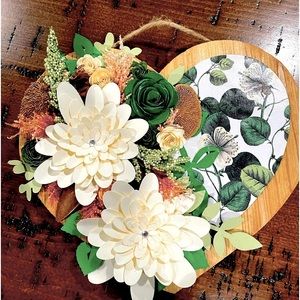 Green Cream Rolled Flowers Botanicals Heart Wall Hanging Home Decor
